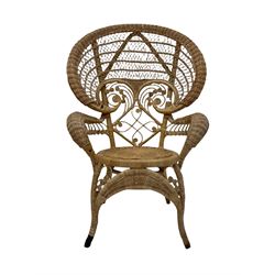 Vintage mid century bamboo open armchair (W60cm) together with a Vintage wicker and cane peacock chair (W77cm)