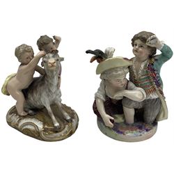 Meissen porcelain group modelled as two cherubs playing with a goat, the oval scroll moulded base heightened in gilt, blue crossed swords, inscribed no. 2454, H10cm, together with a Meissen figure of a young girl and boy, possibly emblematic of autumn, unmarked, (2) Provenance: From the Estate of the late Dowager Lady St Oswald