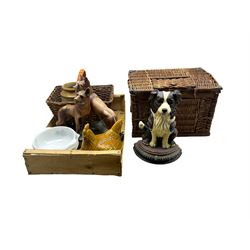 Pair of Art Deco chalkware dogs; cast iron doorstop, Portmeirion egg crock with others in two boxes (11)