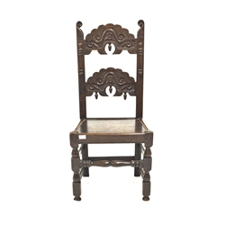 19th century oak Wainscot chair, with scroll carved back rails, panelled seat, raised on turned and block supports united by stretchers, W47cm