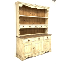 20th century painted pine dresser, dentil cornice over two shelves and five trinket drawers three drawers and three cupboards under,