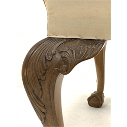 20th century walnut footstool, raised on acanthus leaf carved cabriole supports with ball and claw feet, ready for covering