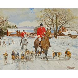 Reginald Llewellyn Harvey (British 1888-1973): Hunting in Winter, pair oils on canvas signed 24cm x 29cm (2)