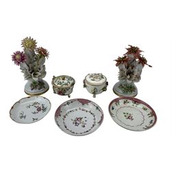 Early 19th century Derby potpourri, of circular form, decorated with floral encrusted flowers, on three ball and claw feet, a similar style pot and cover, three 18th century saucers and a pair of Naples flower ornaments, H20cm. Provenance: From the Estate of the late Dowager Lady St Oswald