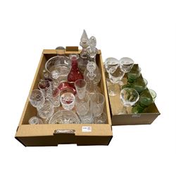 19th century and later cut glass decanters, silver-plated sherry label, drinking glasses etc in two boxes
