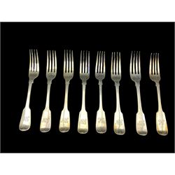 Set of five George IV silver pattern table forks engraved with a monogram London 1827 Maker T Cox Savory, single fork engraved to match 1829 and a pair of forks engraved 'M' London 1867 21oz (8)