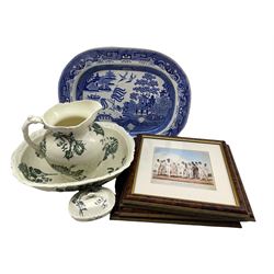 19th century large Davenport Willow pattern meat platter, tea rose pattern jug, bowl and soap dish and four coloured prints 