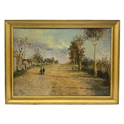 Duse (Impressionist 20th century): Figures walking down a Wide Street, oil on canvas signed 48cm x 68cm