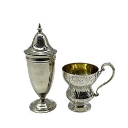 Victorian silver cup of waisted form engraved with flower heads and scrolls, gilded interior, loop handle and short pedestal foot H9cm London London 1849 Maker Edward, John and William Barnard and a silver sugar caster by Mappin and Webb Sheffield 1928 9.2oz (2)