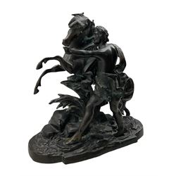 After Guillaume Coustou (1677-1746): Bronze Marly horse with groom, H54cm x W51cm