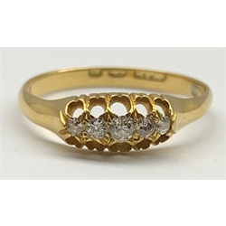 Victorian 18ct gold engagement ring with five small diamonds in an open work setting Size 'O' 
