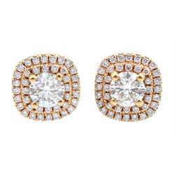 Pair of 18ct rose gold round brilliant cut diamond cluster stud earrings, hallmarked, each centre diamond approx 0.50 carat