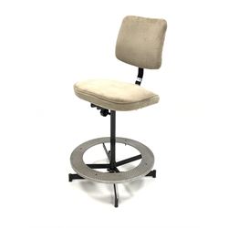 Mid 20th century machinists chair, upholstered angle adjustable back rest and height adjustable seat, over circular footrest, raised on a swivel four point base 