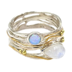 Silver and 14ct gold wire moonstone and opal ring, stamped 925