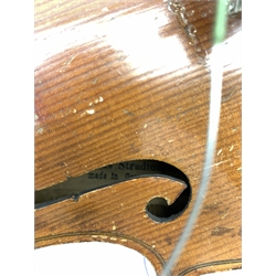  Early 20th century violin, two-piece maple back labelled 'Copy of Antonius Stradivarius Germany' and bow marked Czechoslovakia, with case  