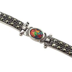Silver opal and marcasite bracelet, stamped 925
