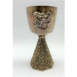 Elizabeth II Ely Cathedral limited edition silver goblet with applied mermaid on an octagonal parcel gilt tapering stem H16.5cm No. 390/673  London 1973 Maker John Willmin for Aurum 16.5oz with booklet and certificate
