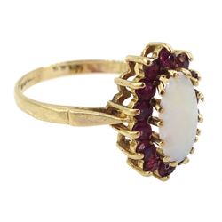  9ct gold opal and ruby cluster ring, hallmarked