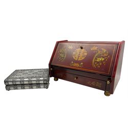 Oriental table top bureau and a silvered jewellery box modelled as books max W46cm (2)