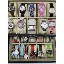 Various wristwatches including Disney, housed in two watch display cases with pull out drawers