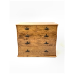 Early 20th century varnished pine chest, fitted with two short and three long graduated drawers 