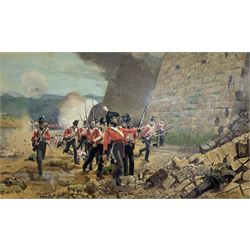 After James Prinsep Barnes Beadle (British 1863-1947): 'Siege of San Sebastian 31st August 1813, oil on canvas signed R Barnes, depicting 'Ensign Maguire of 4th Regiment of Foot leading the Forlorn Hope into the Great Reach shortly before he fell mortally wounded' 98cm x 165cm