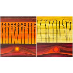 Catherine Hewapathirana (Sri Lankan Contemporary): Dancers above the Sunset and Lovers above the Sunset, large acrylics on canvas signed and dated 2006, 130cm x 127cm (2) (unframed)