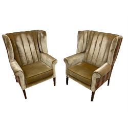 Pair George III design wing back armchairs, the vertically cushion ribbed interior upholstered in champagne velvet fabric, the exterior with striped and patterned fabric with butterfly decoration, raised on square tapering supports (2)