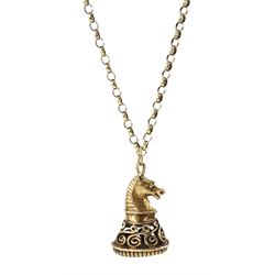 9ct gold black onyx knight chess piece seal fob, hallmarked, on 9ct gold necklace