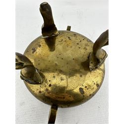 19th century Chinese two handled brass censer, the rim and handles with engraved decoration on triple demon mask supports D15cm