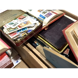 Accumulation of Stamps and ephemera including various trade cards, newspapers, stamps including Sierra Leone, South Africa, Southern Rhodesia, Malaya, Swaziland, Virgin Islands etc, various albums, stamps on covers etc, in three boxes