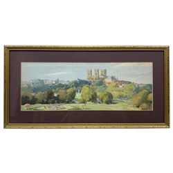 Frank Sherwin (British 1896-1985): York from the Station Hotel, watercolour signed together with pair framed carriage prints from the LNER post-war series, 1945-57 comprising 'Beverley Minster - Yorkshire' after Sidney Causer and 'The River Ouse - York' after Gyrth Russell max 2cm x 54cm (3)