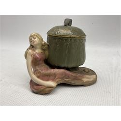 Oak and brass banded Go-To-Bed H10cm, Ernst Wahliss figural jar and cover, Continental gilt metal bedside time piece in travelling case and a pair of American plated two handled salts by Meriden Britannia Co (5)