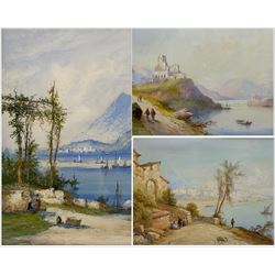 Edwin St John (British 1878-1961): Mediterranean Lakeside Fortress and Figures on the Italian Coast, set three watercolours signed max 24cm x 47cm (3)