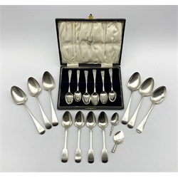 Four William IV silver dessert spoons London 1831, two others, ten various early 19th century silver teaspoons and two silver spoon bowls 10.8oz