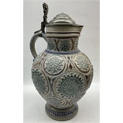 Westerwald salt glaze stoneware tankard, decorated in relief, another tankard with brown relief, together with 7 others (9)