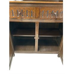 Mid-20th century oak dresser, the oak plate rack with two shelves over two drawers and two cupboards, raised on stile supports W90cm, H179cm, D42cm