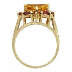 9ct gold hexagonal two tone citrine cluster ring, with pierced scroll shoulders, hallmarked 
