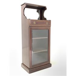 Edwardian inlaid mahogany music cabinet, raised mirror back over single drawer and bevel glazed door enclosing two shelves, W47cm, H124cm, D34cm