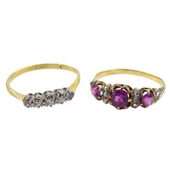 Early 20th century gold three pink/purple stone set ring, with three diamond accents set between each stone and a gold five stone diamond chip ring, both 18ct