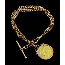 Early 20th century 9ct rose gold graduating Albert chain, remodelled as a bracelet, with King Edward VII 1907 gold full sovereign coin, loose mounted in 9ct pendant
