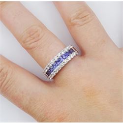 18ct white gold three row square cut tanzanite and round brilliant cut diamond half eternity ring, total diamond weight approx 0.70 carat, total tanzanite weight approx 0.95 carat