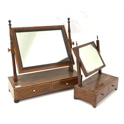 19th century mahogany toilet swing mirror, with boxwood string inlay, ebonised reeded slip enclosing distressed plate, two trinket drawers under (56cmW) together with another similar mirror (W37cm)
