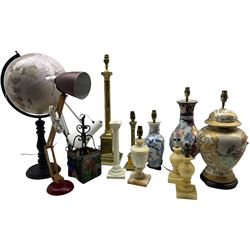 Two brass lamps of corinthian form, three lamp bases featuring Chinese and Japanese decoration, three other onyx lamps of urn form together with others in two boxes