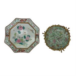 Canton famille rose dish, decorated with exotic birds, insects, fruits and flowers, mounted in a gilt metal stand with birds and fruiting vines, D20cm, together with Chinese famille rose octagonal dish (2)