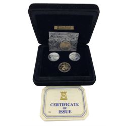 Pobjoy Mint Isle of Man 1979 platinum, sterling silver and Virenium proof three one pound coins, from a limited edition of 500, with a special first day minting Millennium coin, cased with certificate 