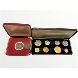 King George VI 1950 and 1951 pennies and a Queen Elizabeth II 1966 specimen coin set, cased