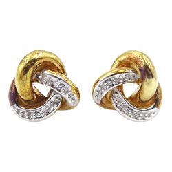 Pair of 9ct white and yellow gold cubic zirconia knot stud earrings, hallmarked