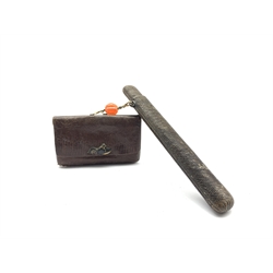 19th century Japanese  snakes-skin tobacco pouch (tabako-ire) with bronze mae-kanagu in the form of a cockerel, lobed hardstone ojime bead and textured lacquer pipe case (Kiseruzutsu) L21.5cm 