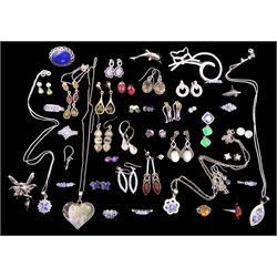 Collection of silver and silver stone set jewellery including necklaces, earrings, rings and brooches set with Baltic amber, amethyst and tanzanite etc